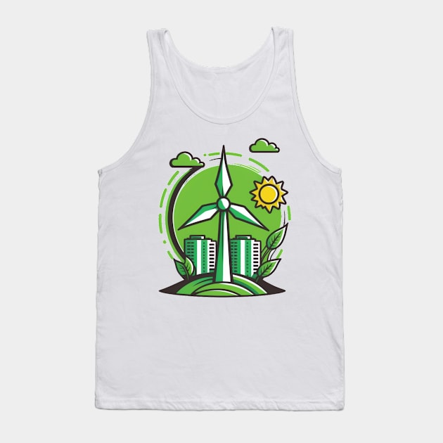 Green City Vibes: Get Powered by Renewables with our Cartoon Wind Turbine Design Tank Top by Greenbubble